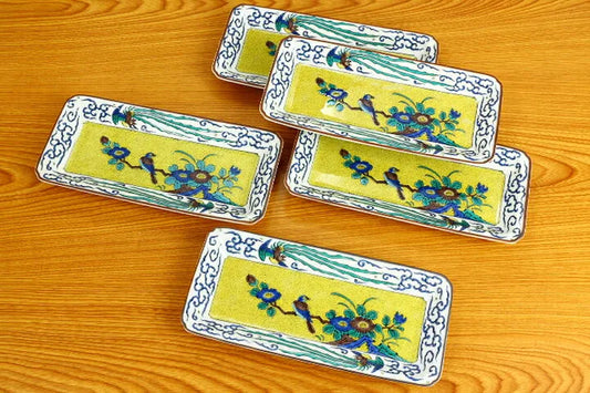Seiko Kiln Kutani Yoshidaya-style Phoenix Pattern Medium Rectangular Plate set (5pcs)