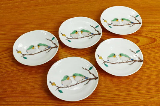 Seiko Kiln Kutani Japanese Small Birds Small Plate set (5pcs)