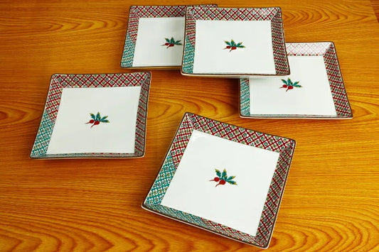 Seiko Kiln Kutani Red Radish Medium Square Plate set (5pcs)