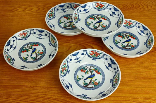Seiko Kiln Kutani Flower and bird motifs in underglaze blue Medium Plate set (5pcs)