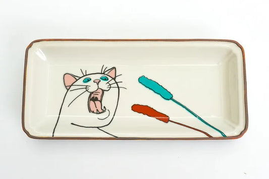 KUTANI SEAL Neko Jealousy White Cat Medium Rectangle Plate