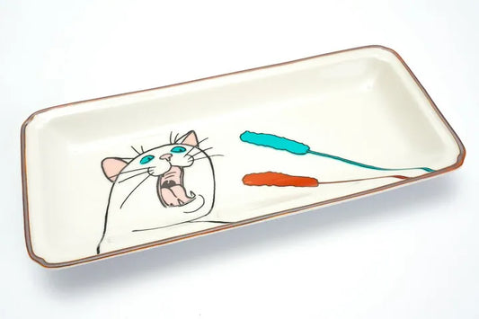 KUTANI SEAL Neko Jealousy White Cat Medium Rectangle Plate