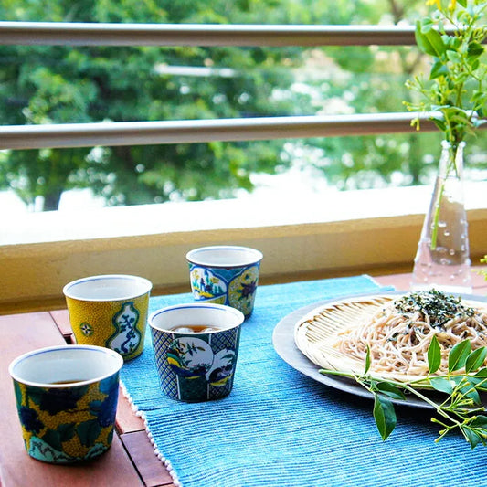 Seiko Kiln Kokutani Blue Handed Gourd with Split Pine Trees Small Bowl