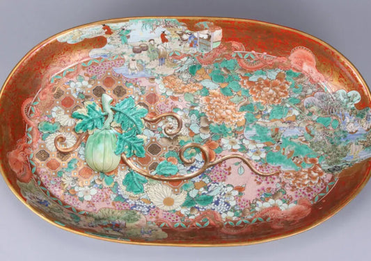 Kutani Shōzō Plate with Dragon, Floral, and Farming Motifs