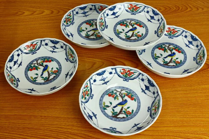 Seiko Kiln Kutani Flower and bird motifs in underglaze blue Medium Plate set (5pcs)