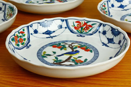 Seiko Kiln Kutani Flower and bird motifs in underglaze blue Medium Plate set (5pcs)
