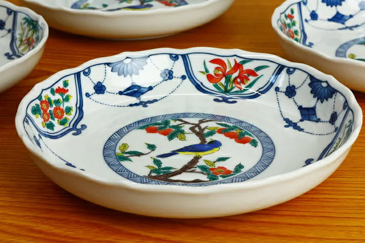 Seiko Kiln Kutani Flower and bird motifs in underglaze blue Medium Plate set (5pcs)