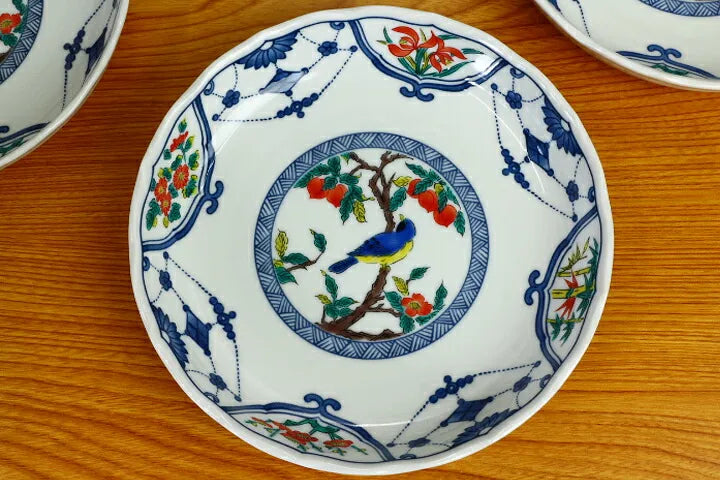 Seiko Kiln Kutani Flower and bird motifs in underglaze blue Medium Plate set (5pcs)