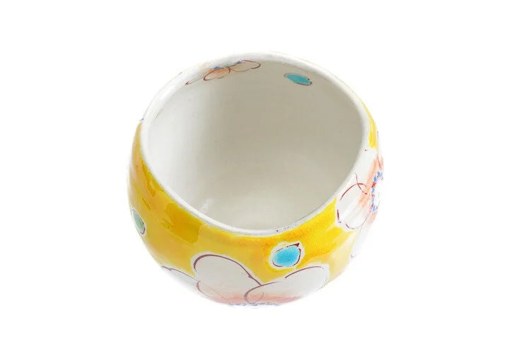 Kokuzou Kiln Yellow background and pink flowers Kutani Yunomi Japanese Teacup