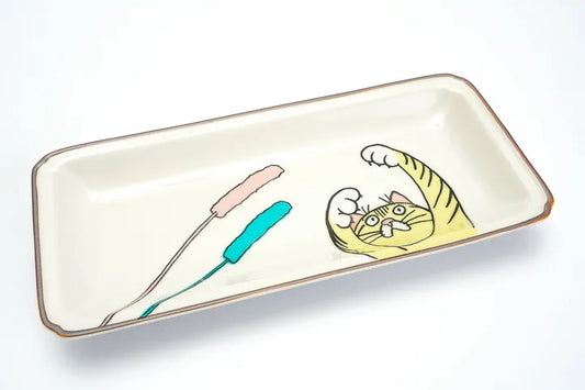 KUTANI SEAL Neko Jealousy Tiger Cat Medium Rectangle Plate