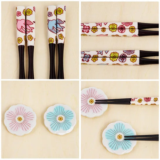 Harekutani Pair of Chopsticks and Chopstick Rests (pink/ light blue)