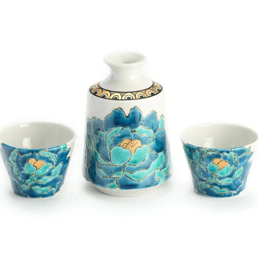 Tsuyoshi Sato Kutani Peony Blue Sake Set