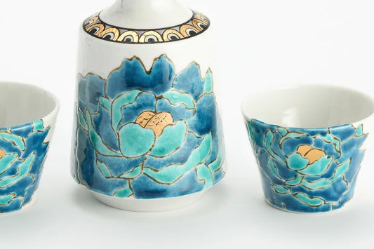 Tsuyoshi Sato Kutani Peony Blue Sake Set