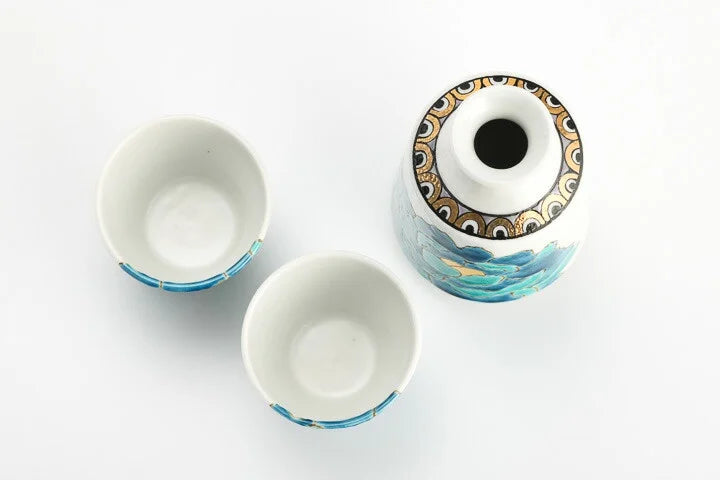 Tsuyoshi Sato Kutani Peony Blue Sake Set