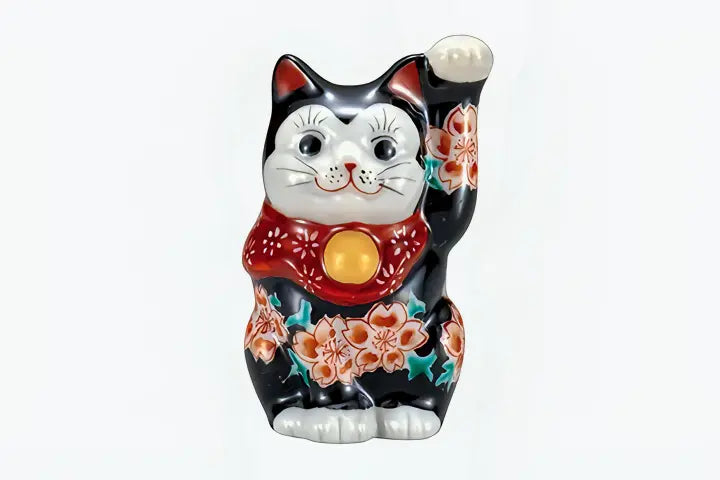 Kutani black-ground cherry (Raises left hand) Lucky Cat