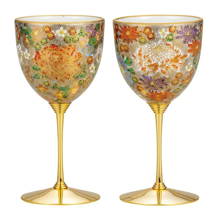 Kutani Golden Hanazume Pair Wine Glass