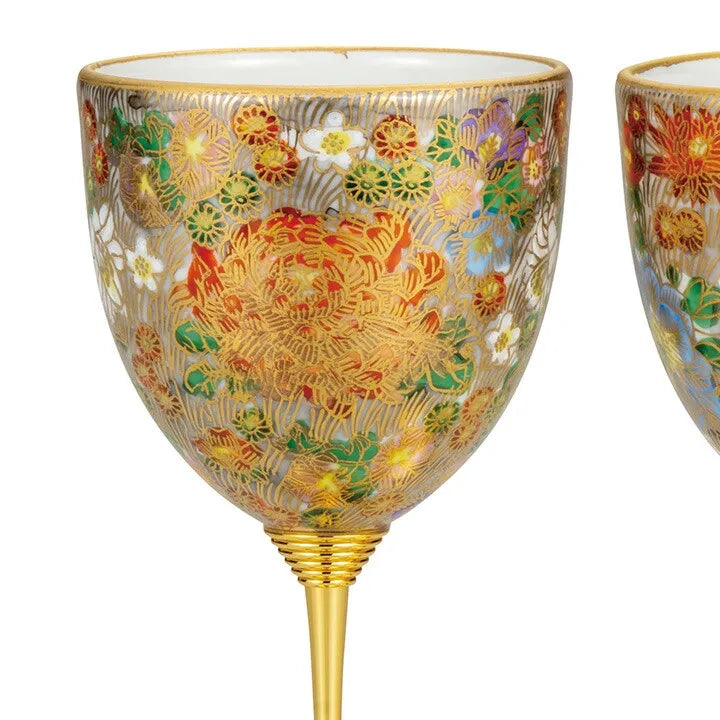 Kutani Golden Hanazume Pair Wine Glass