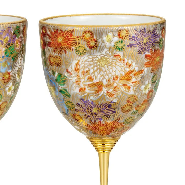 Kutani Golden Hanazume Pair Wine Glass