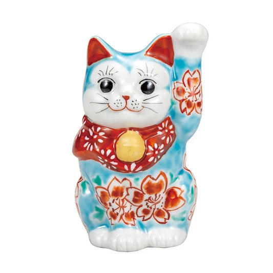 Bluish glazed Kutani cherry Lucky Cat