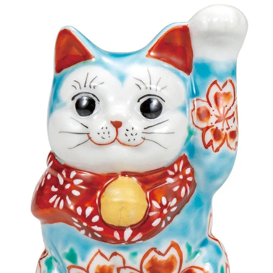 Bluish glazed Kutani cherry Lucky Cat