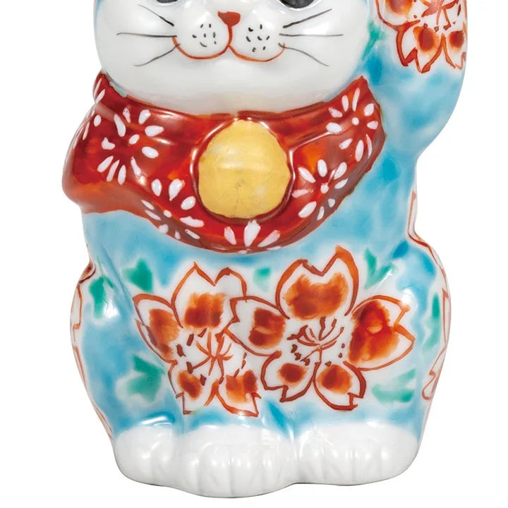 Bluish glazed Kutani cherry Lucky Cat