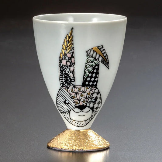 Kazuyoshi Kitamura Kutani Line drawing, colored and gold rabbit Sakazuki Sake Cup