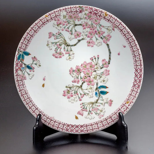 Yuka Hirano Kutani Cherry Blossom Decorative Plate (with Plate Stand)