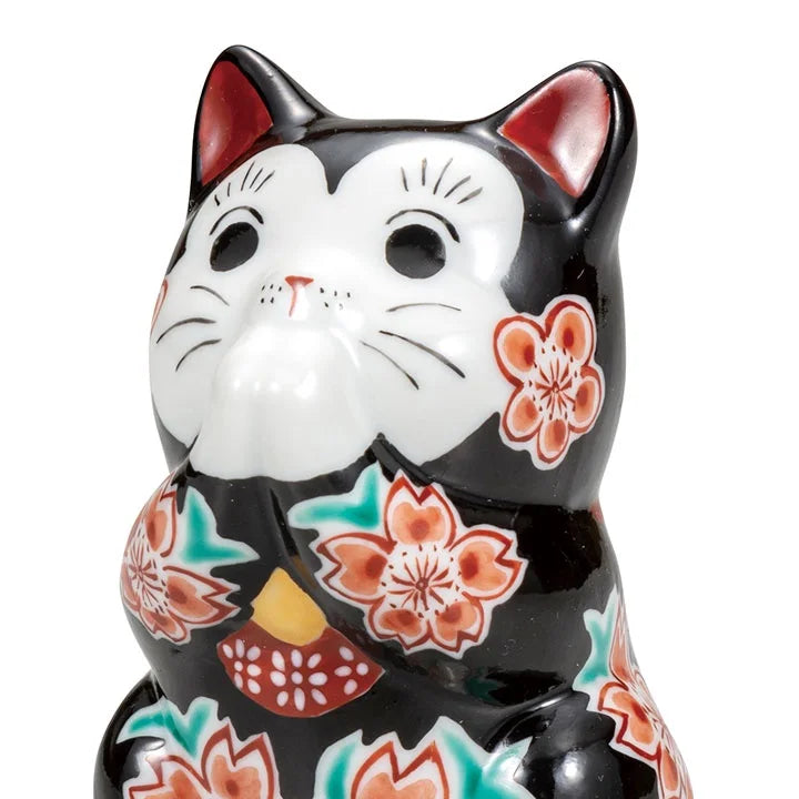 Kutani Praying cat, black sleeve cherry blossom Lucky Cat