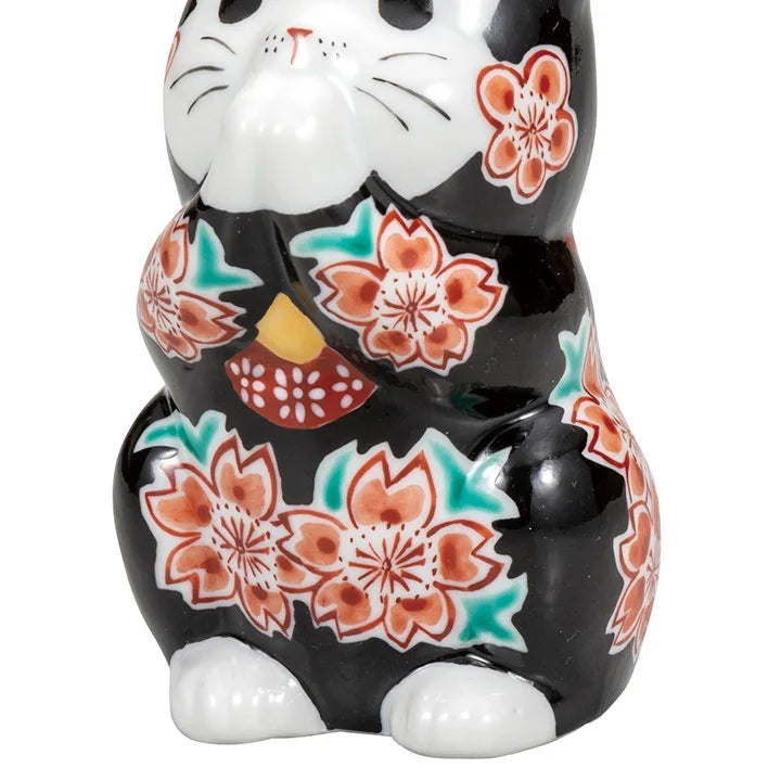 Kutani Praying cat, black sleeve cherry blossom Lucky Cat