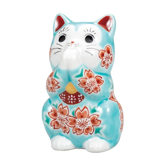 Kutani Praying cat, blue glazed cherry blossom Lucky Cat