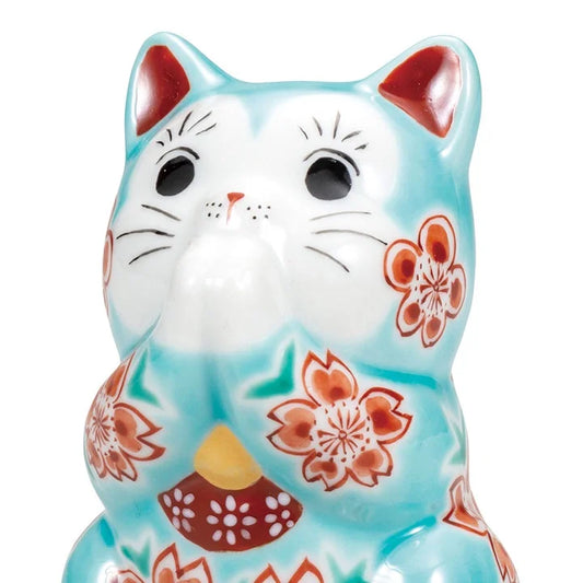 Kutani Praying cat, blue glazed cherry blossom Lucky Cat