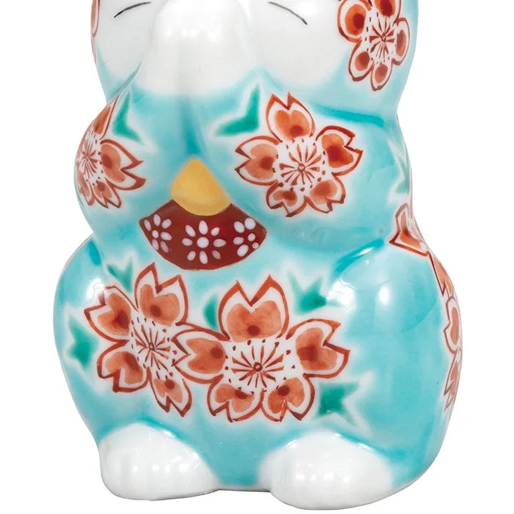 Kutani Praying cat, blue glazed cherry blossom Lucky Cat