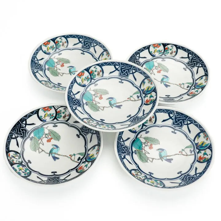 Seiko Kiln Kutani Bird and Flower Motifs Medium Round Plate set (5pcs)