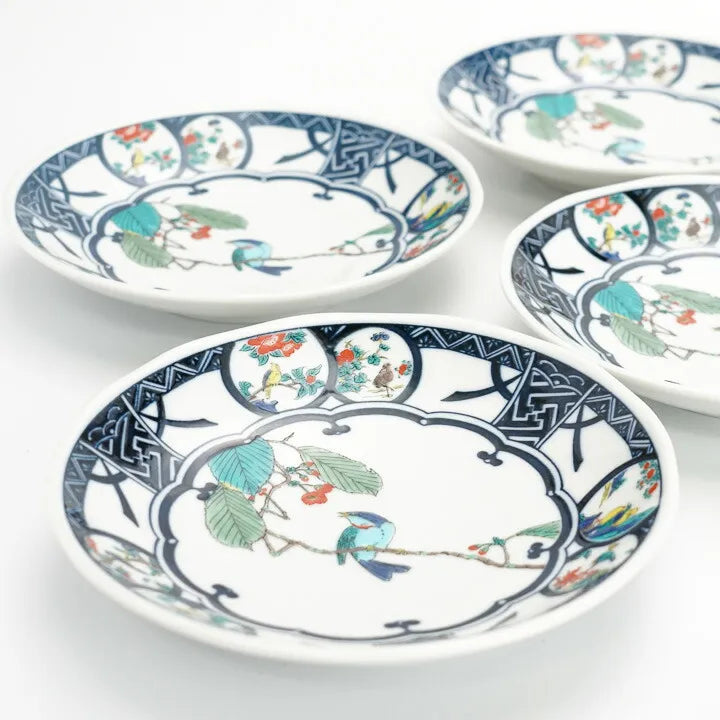 Seiko Kiln Kutani Bird and Flower Motifs Medium Round Plate set (5pcs)