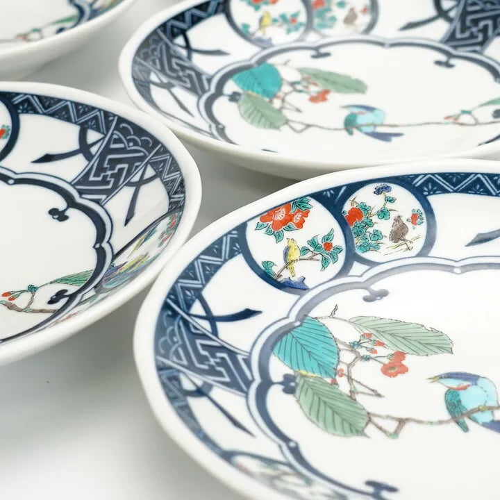 Seiko Kiln Kutani Bird and Flower Motifs Medium Round Plate set (5pcs)