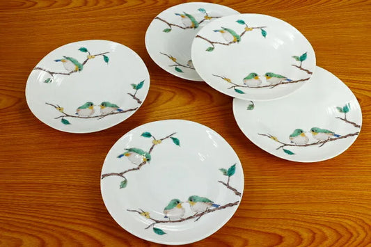 Seiko Kiln Kutani Japanese small birds Medium Plate set (5pcs)