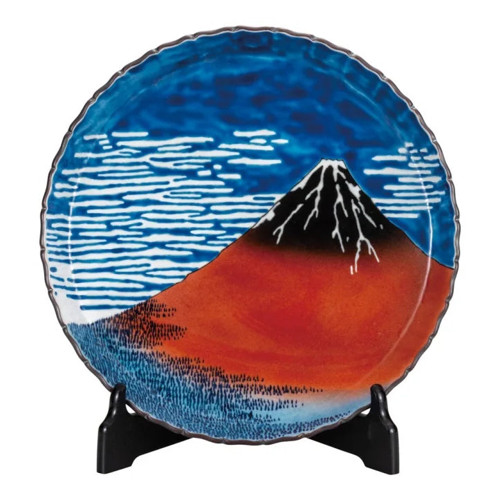 Bisan Kiln Kutani Hokusai, Aka-Fuji Decorative Plate (with Plate Stand)