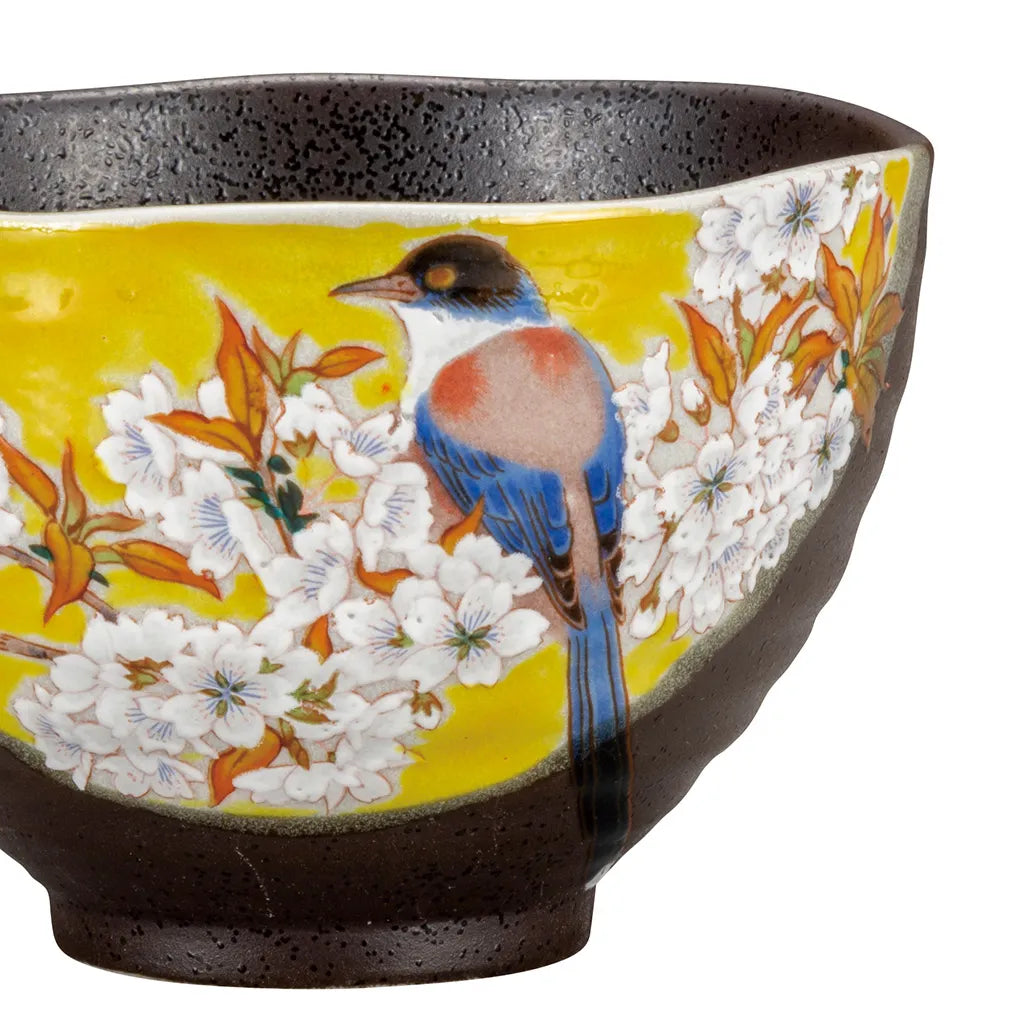 Kutani Chazuke bowl, Yoshidaya, bird on mountain cherry blossom Rice Bowl