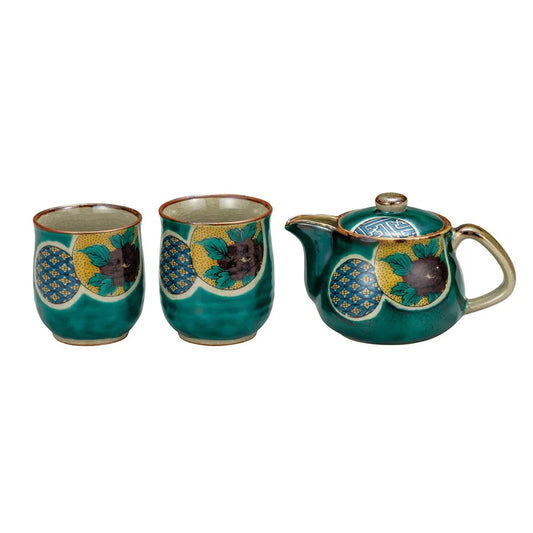 Bizan Kiln Kutani Green Marbled Sole Japanese Teapot and Tea Cup set