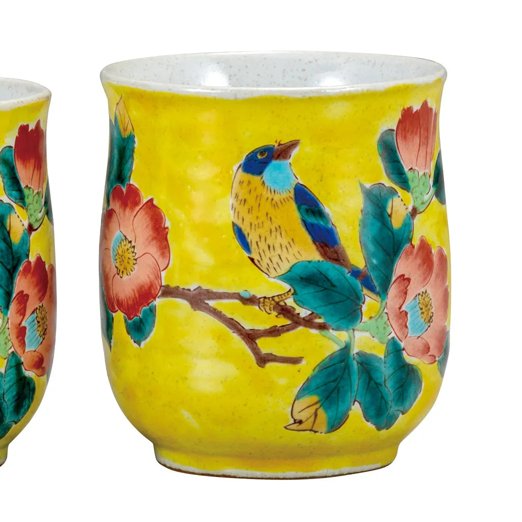 Kutani Pair Yoshidaya camellia with bird Yunomi Japanese Teacup