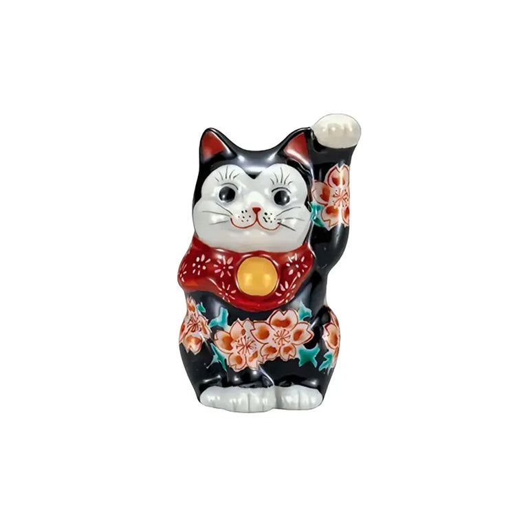 Kutani black-ground cherry (Raises left hand) Lucky Cat