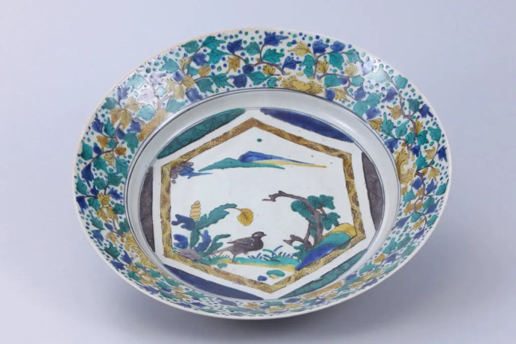 Ko-Kutani Colored Porcelain Bowl with Floral and Bird Motifs