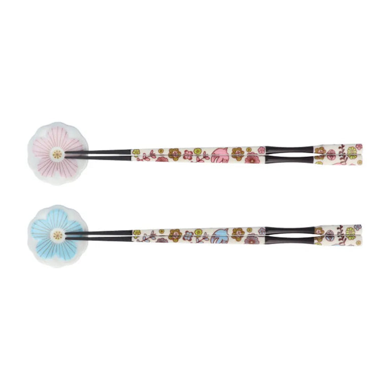 Harekutani Pair of Chopsticks and Chopstick Rests (pink/ light blue)