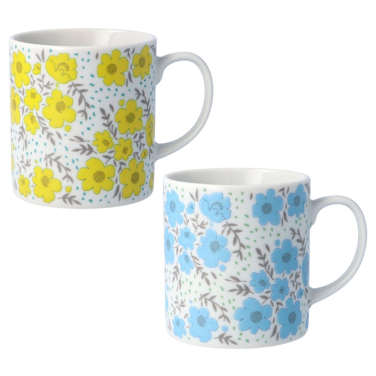 a pair of yellow and blue colored mug