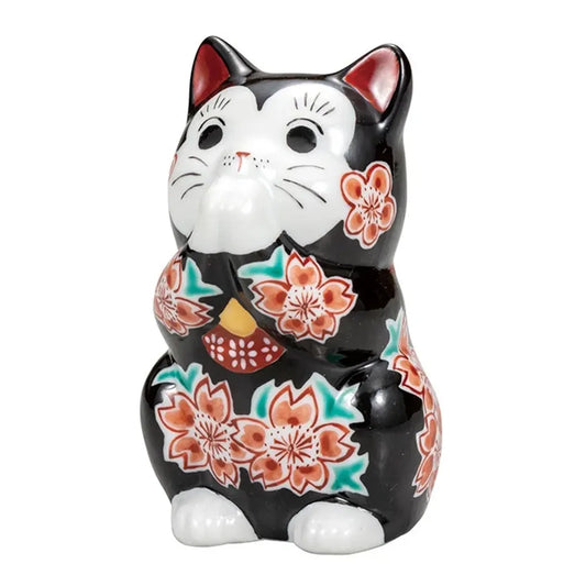 Kutani Praying cat, black sleeve cherry blossom Lucky Cat